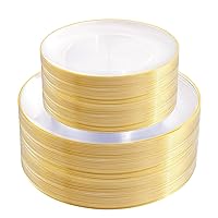 PULOTE 100PCS Clear and Gold Plastic Plates - Heavy Duty Clear Disposable Plastic Plates With Gold Trim for Wedding&Party Include 50 Dinner Plates, 50 Dessert Plates