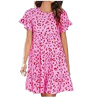 Womens Ruffle Trim Leopard T-Shirt Dress Summer Short Sleeve Crewneck Mini Dress Casual Pleated Babydoll Tunic Dress