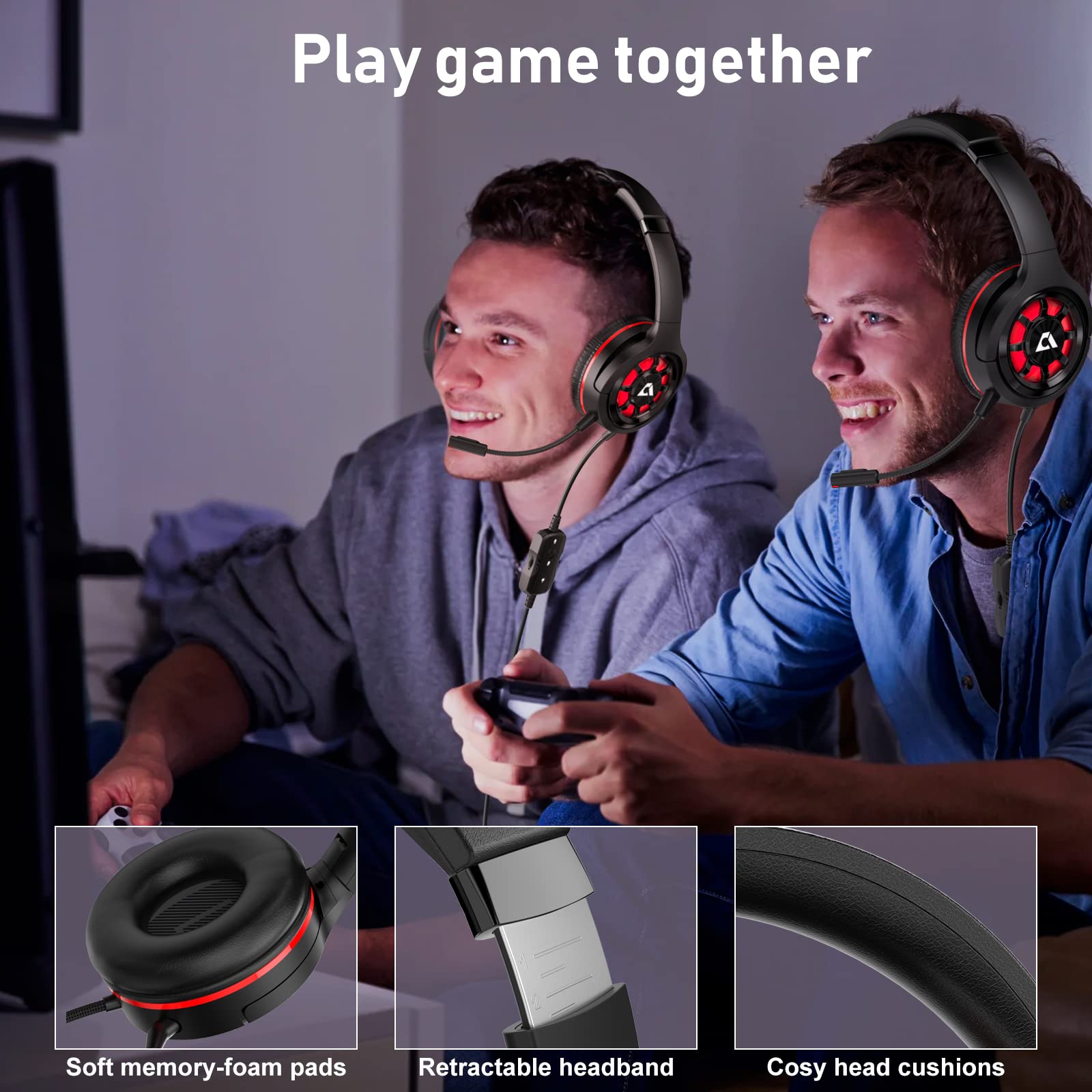 1mii Ankbit USB Gaming Headset for PC Laptop PS4/PS5 w/Virtual 7.1 Stereo 3D Surround Sound, 50mm Drivers USB Gaming Headphones Detachable Mic, RGB LED Light, Volume Control PC Gaming Headset -EG03