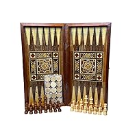 Walnut Backgammon Set and Chess Board from Lebanon - Handmade Inlaid Wooden Checkers Game with Chess and Backgammon Pieces