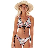 ALAZA Watercolor Blue Leaves Red Flowers and Berries Bikinis Swimsuit Set for Women XS