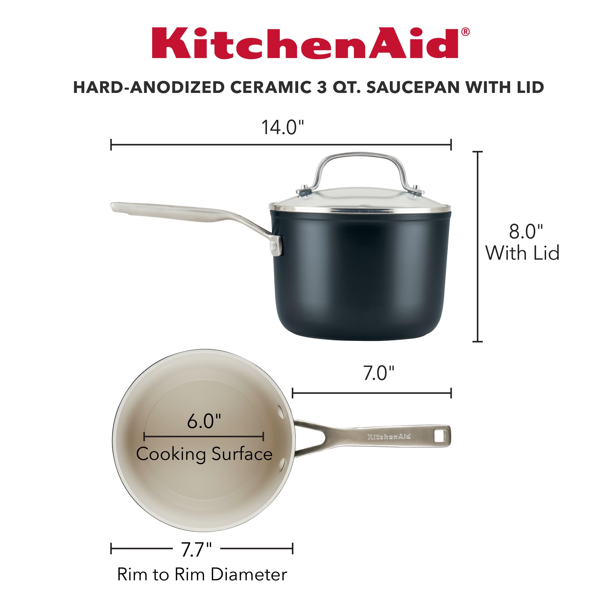 KitchenAid Hard Anodized Ceramic Nonstick Cookware Sauce Pan with Lid, 3 Quart, Matte Black