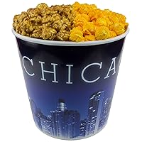Signature Popcorn - Gourmet 1-Gallon Blue Chicago Skyline Reusable Plastic Bucket Tin - Half Caramel Half Cheddar Cheese Flavor