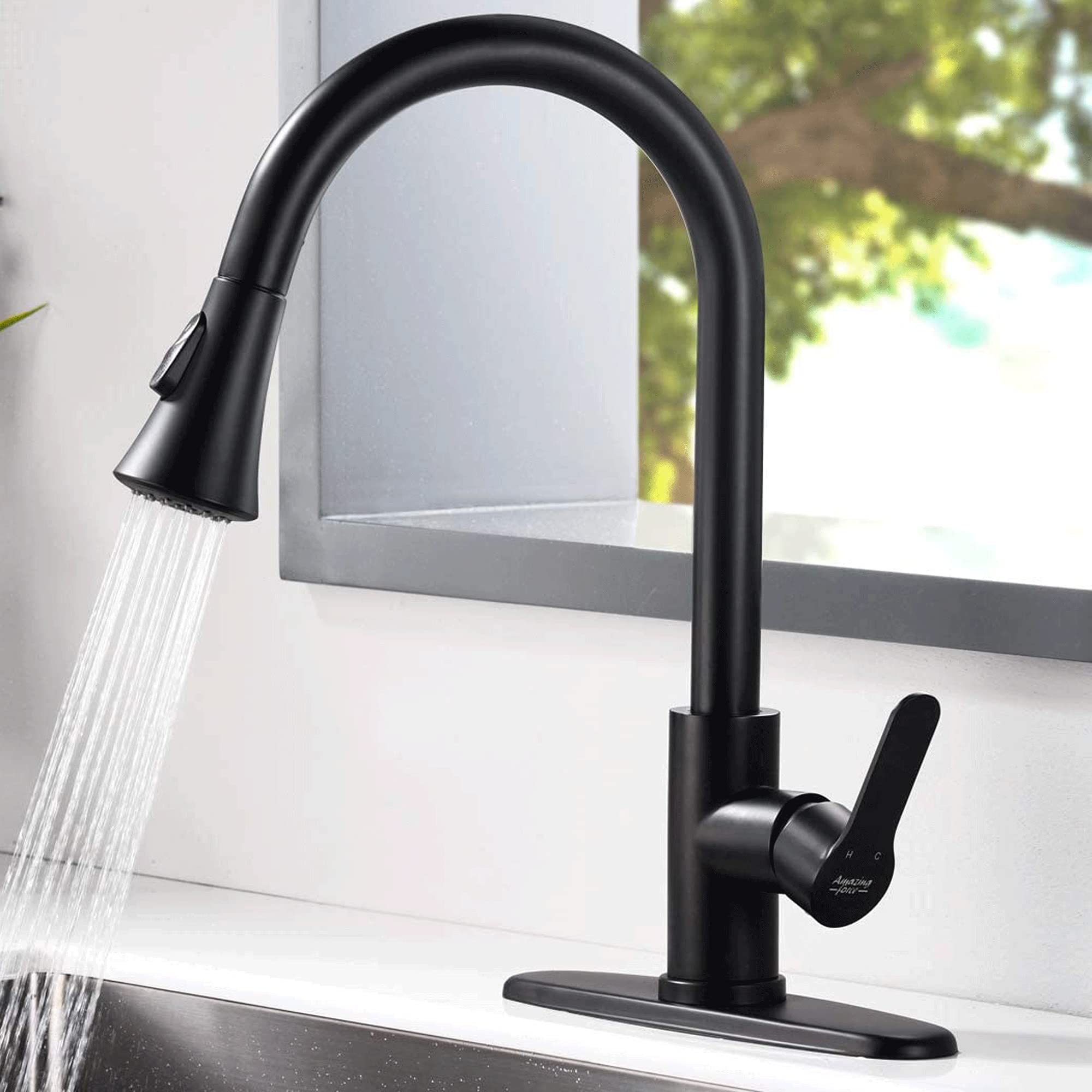 AMAZING FORCE Matte Black Kitchen Faucet Pull Down Kitchen Faucets Stainless Steel Kitchen Faucet with Pull Down Sprayer Modern Single Handle Kitch...