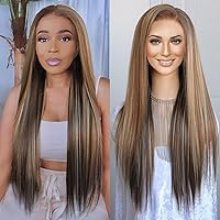 K'ryssma Brown Lace Front Wig for Women Glueless Synthetic Straight Wigs Natural Hairline 13x6 Mix Brown Wig with Highlights 24 Inches Heat Resistant