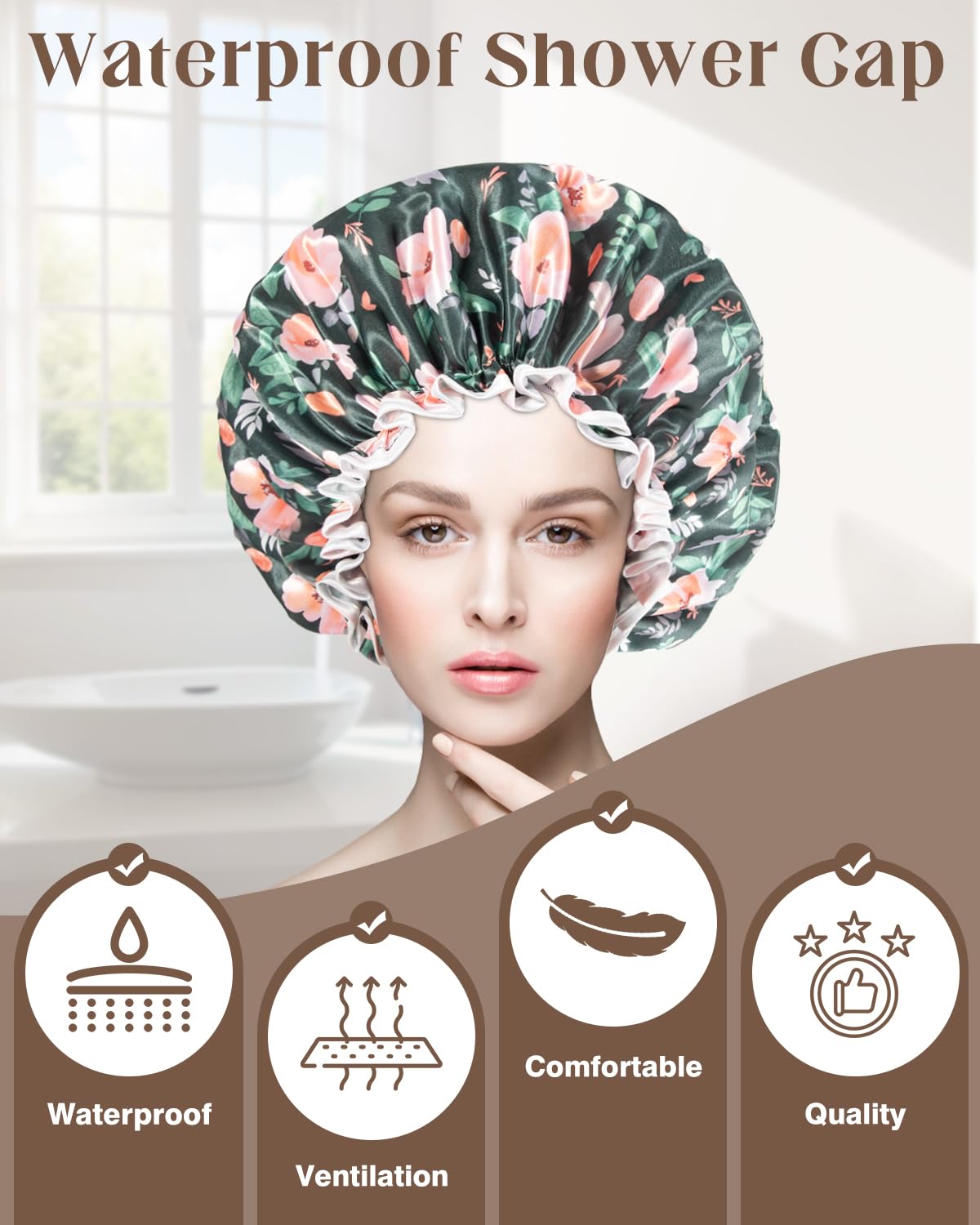 Auban Shower Caps, Reusable Shower Cap for Women, Double Layer Waterproof Hair Cap, Large Size for All Hair Lengths,for Girls Spa Home Salon Use