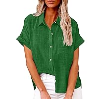 Womens Cotton Linen Button Down Shirts Roll Up Short Sleeve Blouse Causal V Neck Shirt Summer Blouses Tops with Pocket