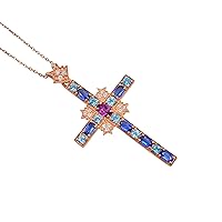 Natural Rhodolite Garnet Kyanite & Swiss Blue Topaz Multi Stone Holy Cross Pendant 14k Gold Plated 925 Sterling Silver Handmade Necklace Elagant Design Solitaire Simulated Pendant With Silver Chain Gift For Bridesmaid (PD-8535)