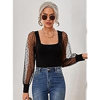 Women's Tops Women's Shirts Sexy Tops for Women Contrast Dobby Mesh Lantern Sleeve Top (Color : Black, Size : X-Small)