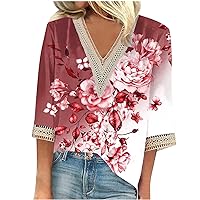 Womens Tops Casual Lightweight 3/4 Sleeve Blouse Crochet Lace V Neck Tshirt Vintage Floral Print Shirt Loose Fit Summer Tee
