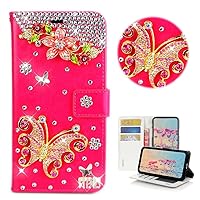 STENES Bling Wallet Phone Case Compatible with Samsung Galaxy A14 5G Case - Stylish - 3D Handmade Pretty Flowers Butterfly Glitter Magnetic Wallet Stand Leather Cover Case - Red