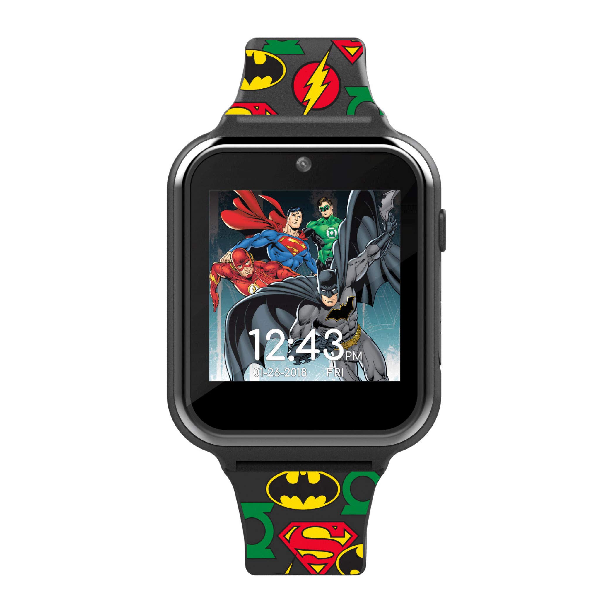 Accutime Kids DC Comics Justice League Black Educational Learning Touchscreen Smart Watch Toy for Boys, Girls, Toddlers - Selfie Cam, Learning Games, Alarm, Calculator, Pedometer (Model: JL4072AZ)
