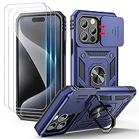 SAMONPOW for iPhone 15 Pro Max Case with Screen Protector[3 Pack] + Slide Camera Cover + 360° Rotated Ring Magnetic Kickstand, Heavy Duty Shockproof Protective Cover for iPhone 15 Pro Max 6.7 inch