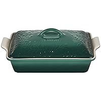 Le Creuset Olive Branch Collection Stoneware Heritage Covered Rectangular Casserole, 4 qt., Artichaut with Embossed Lid