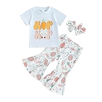 Kupretty Easter Outfits for Toddler Girls Clothes Bunny T-Shirt Tee Tops + Flare Pants + Headband Baby Bell-bottoms Set