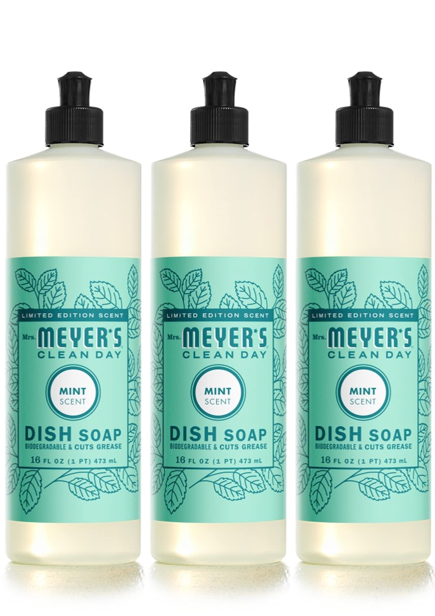 Mrs. Meyer's Liquid Dish Soap, Biodegradable Formula, Limited Edition Mint, 16 fl. oz - Pack of 3 & Mrs. Meyer's Hand Soap Refill, Made with Essential Oils, Biodegradable Formula, Basil, 33 fl. oz
