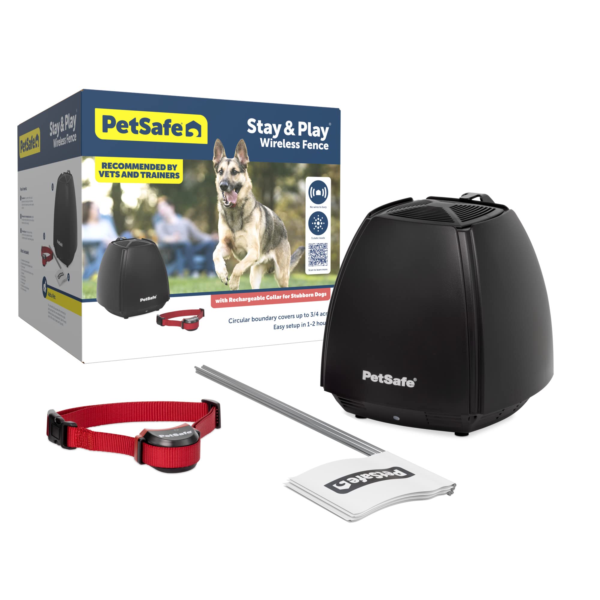 PetSafe Stay & Play Wireless Pet Fence for Stubborn Dogs – No Wire to Bury – Covers 3/4-Acre Yard – For Hard-to-Train Dogs 5 lbs. & Up – Portable – From the Parent Company of INVISIBLE FENCE Brand