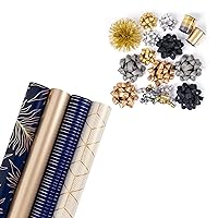 WRAPAHOLIC [2-PACK] Gold and Navy Print Wrapping Paper Set & Black Gift Bow Set - for Birthday, Holiday, Father's Day