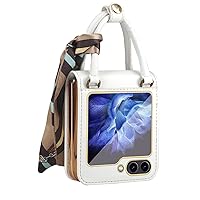 Case for Samsung Galaxy Z Flip 5 5G Handbag Case Luxury Solid PU Leather Case with Ribbon Phone Case Folio Flip Cover 6.7 Inch White
