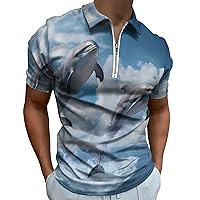 Cute Animal Two Dolphin Jump Mens Polo Shirts Quick Dry Short Sleeve Zippered Workout T Shirt Tee Top