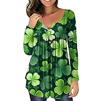Women St Patricks Day Shirt Irish Shamrock Printed Tops Long Sleeve Button Up V Neck Tunic Tops to Wear with Leggings