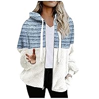 RMXEi Women's Fashion Color Blocking Hooded Stitched Long Sleeve Zipper Plush Sweater