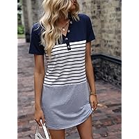 Dresses for Women - Striped Print Colorblock Tee Dress (Color : Navy Blue, Size : Small)
