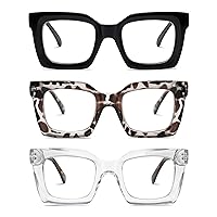 AMOMOMA 3PACK Retro Oversized Square Reading Glasses for Women Men Blue Light Computer Thick Womens Readers Spring hinge AM6015 Black/Grey Tort/Crystal 2.25 x
