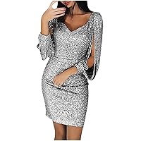 Women’s Sexy Deep-V Sequin Glitter Tassel Sleeve Cocktail Party Mini Dress Hollow Out Long Sleeve Bodycon Pencil Dress
