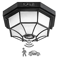 Outdoor Flush Mount Motion Sensor Ceiling Light, Black Finish with Frosted Glass, Ideal Exterior Lighting Fixture for Front Porch, Garage, Covered Patio, Entryway, Farmhouse