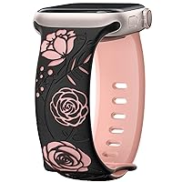 Floral Engraved Band Compatible with Apple Watch Bands 40mm 44mm 41mm 45mm 49mm 38mm 42mm Women,Designer Cute Flower Pattern Soft Silicone Sport Strap for iWatch Ultra SE Series 9 8 7 6 5 4 3 2 1