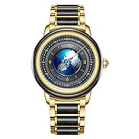 Aivasee Men's Automatic Mechanical Watch, Japanese Movement, Luxury Black Jade & Gold Plating Stainless Steel Band, Blue Globe Dial, Self Winding(6060G), Black, Mechanical