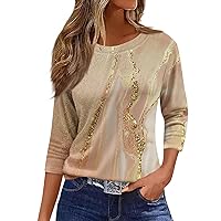 Women's Fashion Casual Round Neck 3/4 Sleeve Loose Printed T-Shirt Ladies Top Summer Tops Loose Fit Blouse