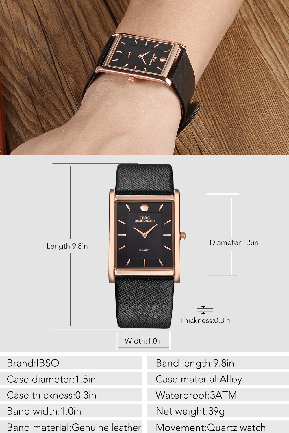 IBSO Men Watches 7MM Ultra-Thin Rectangle Dial Watch Classic Quartz Wristwatch