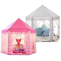 Save 20% Monobeach Pink Princess Tent & Grey Princess Tent Girls Large Playhouse Kids Castle Play Tent with Star Lights