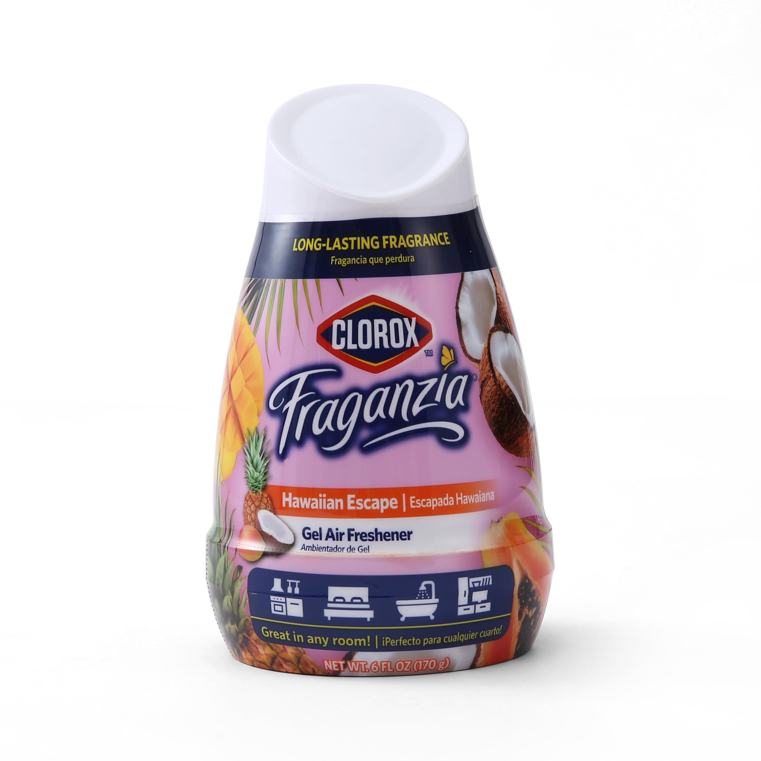Clorox Fraganzia Gel Air Freshener Cone in Hawaiian Escape Scent, 6oz | No-Plug, Battery-Free Air Freshener for Small Rooms, Closets, Kitchens, Bathrooms, Offices and More