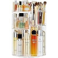 Clear Makeup Organizer 360 rotating, Adjustable Skincare Organizers with Brush Holder, Cosmetics Display Cases for Vanity Bathroom Countertop Large Capacity Carousel Make up Caddy Shelf