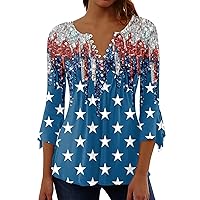 Womens Fourth of July Outfit American 3/4 Length Sleeve 2024 Independence Day Plus Size Casual V-Neck Blouse