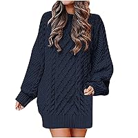 Sweaters Women Trendy Chunky Sweater Pullover Dress Women Trendy Cable Jumper Dresses Solid Loose Long Sleeve Fall Winter Mini Dress Vestido Tipo Jersey Navy