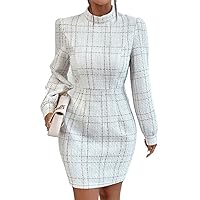 Dresses for Women - Plaid Mock Neck Puff Sleeve Fitted Dress (Color : White, Size : X-Large)