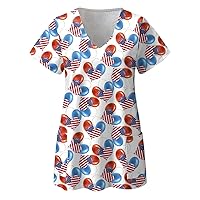 Women's Printed Scrub Tops Plus Size Cartoon Pattern Turtle Neck Short Sleeve Tops Fashion Shirts for Women