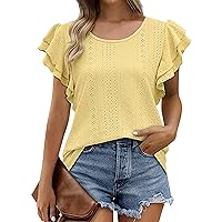 Summer Tops for Women 2024 Eyelet Tops Flutter Sleeve Hollow Ruffle Sleeves Sexy Casual Flowy Top