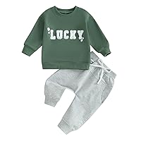 Toddler Baby Boy St. Patrick's Day Outfit Lucky Clover Embroidery Sweatshirt Top Long Pants 2Pcs Clothes Set