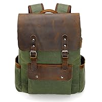 Modoker Waxed Canvas Backpack, Leather Rucksack Knapsack for Men Woman Vintage Travel Laptop Backpack 15.6 Inch Satchel Backpack, Retro Flap Backpacks Canvas Casual Daypack, Green