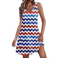 4Th of July Patriotic Red White and Blue Dresses for Women V Neck Sleeveless Mid Dress Graphic Clothes Outfits