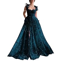 PEIYJYUSP 3D Butterfly Tulle Prom Dresses for Women 2024 Lace Applique Princess Prom Dress Long Ball Gown with Slit