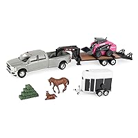 ERTL CASE Construction Farm Play Set — 1:32 Scale — Includes Pink SV340B Skid Loader, RAM Pickup Truck Toy, Gooseneck Trailer, Horse Trailer, Horse Toys and Hay Bales