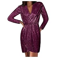 Sparkly Glitter Dress Women Plus Size Long Sleeve Sequin Babydoll Dress Wrap V Neck Party Club Mini Pencil Dresses