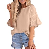 Dokotoo Womens Casual Babydoll Tops Loose Crew Neck Tops Blouses for Women 3/4 Bell Sleeve Shirts
