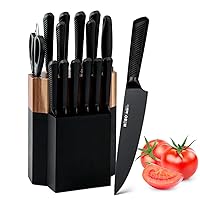 Knife Block Set, 15 Piece Kitchen Knife Set with 6 Steak Knife Set with Sharpener Chef Knife High German Carbon Stainless Steel Knife with Wooden Block Bread Knife Boxed